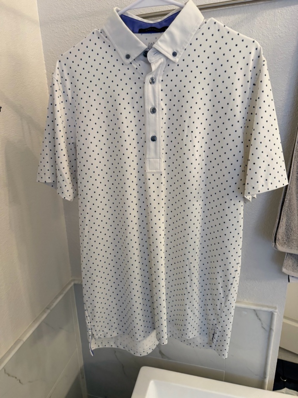 Greyson White Polo with Navy Micro Dot Print